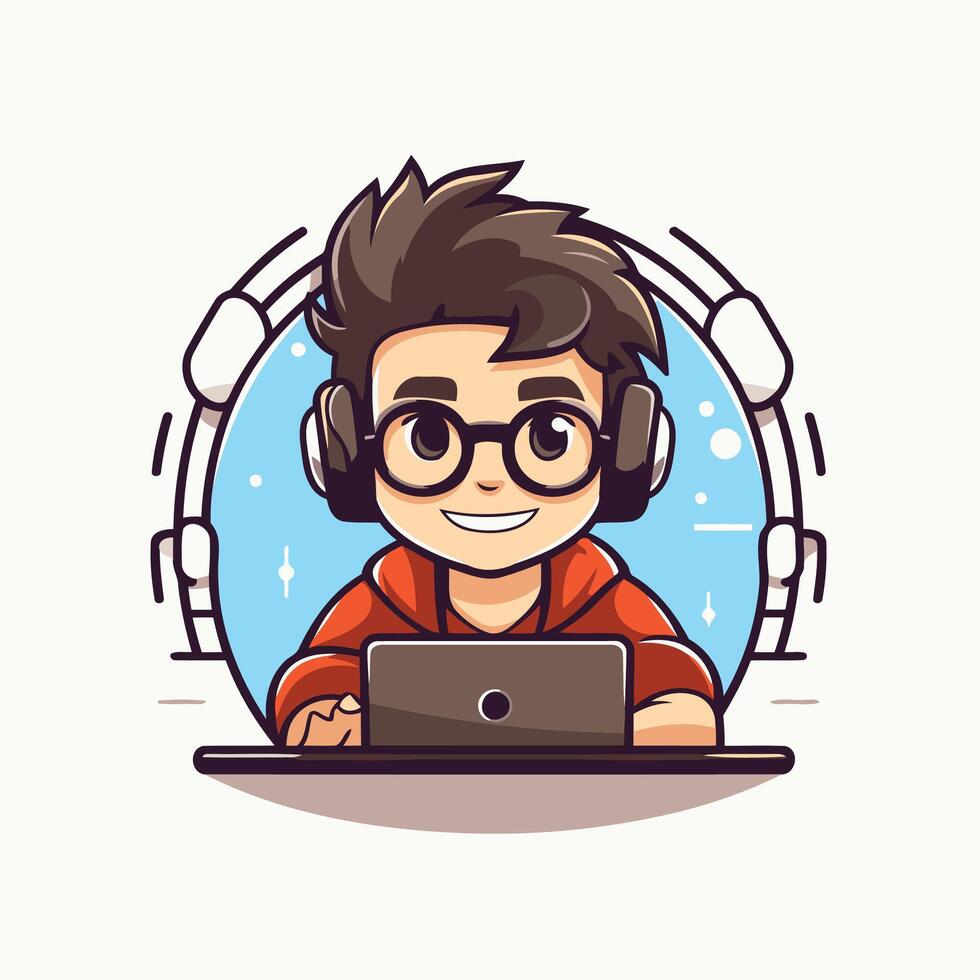 Cute boy with headphones and laptop element illustration in cartoon style vector