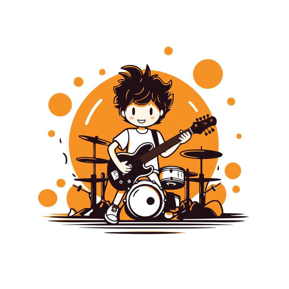 Kid playing guitar and drum set Rock concert illustration vector