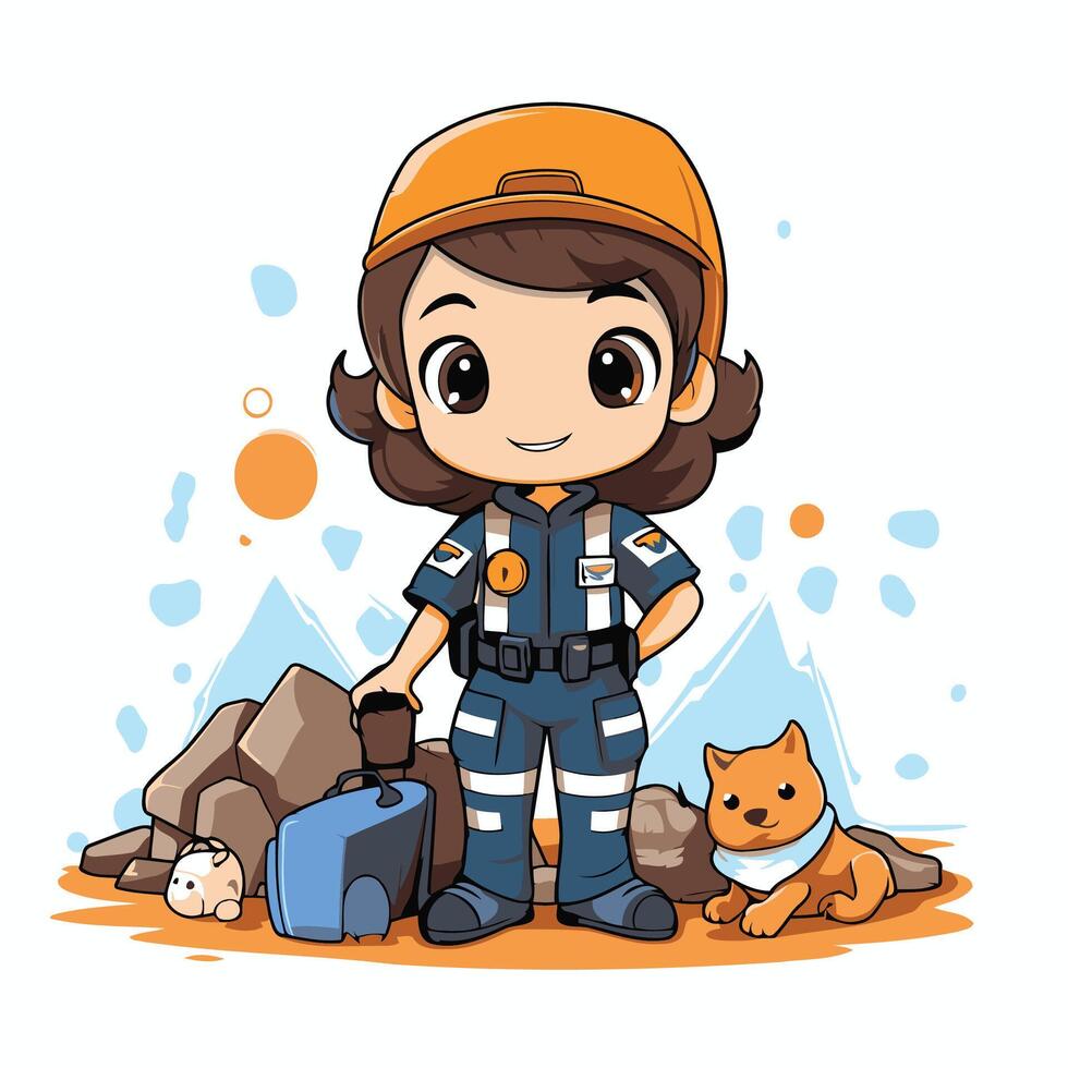 Cute cartoon girl with her dog and bag element illustration vector