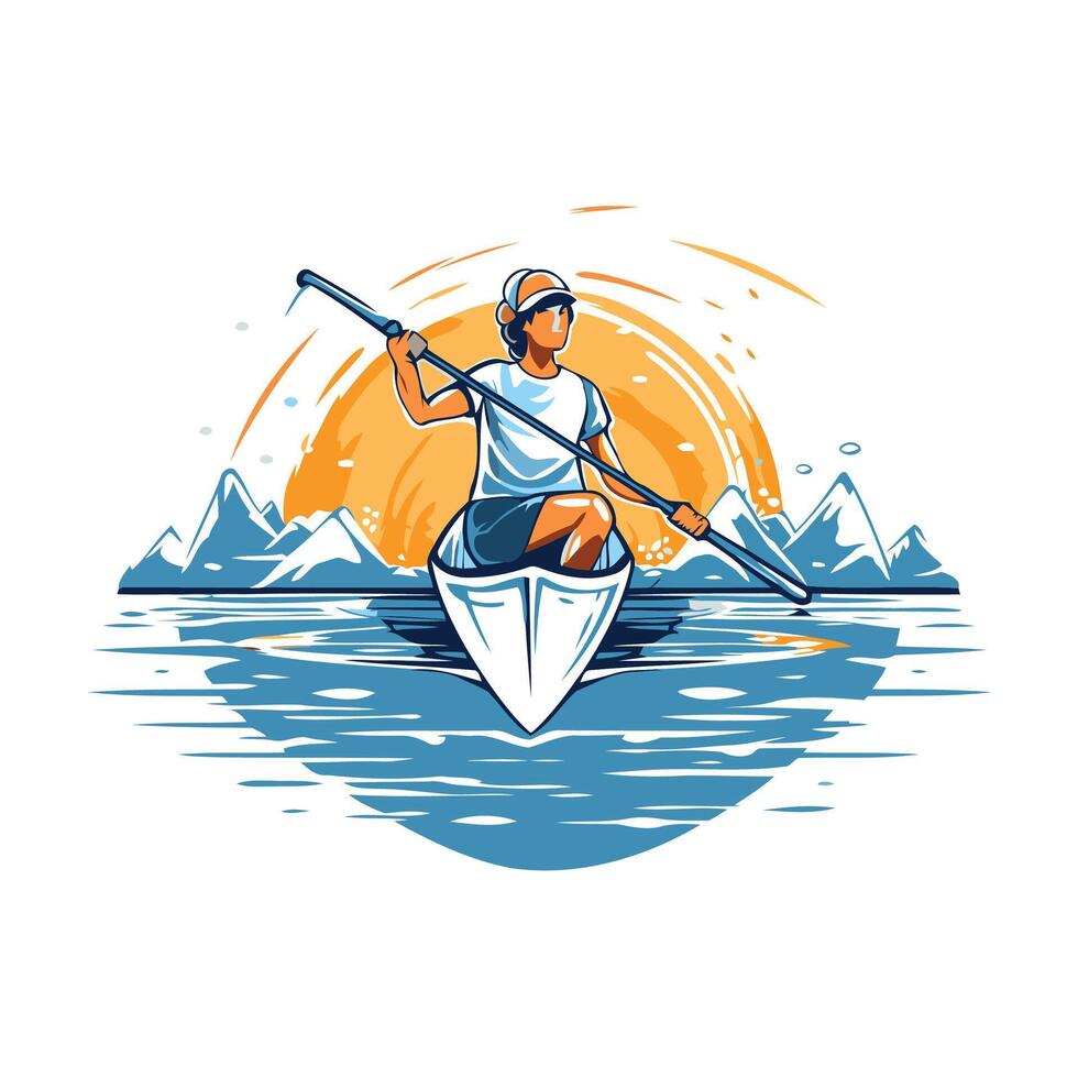 Man rowing a boat on the lake element illustration in retro style vector