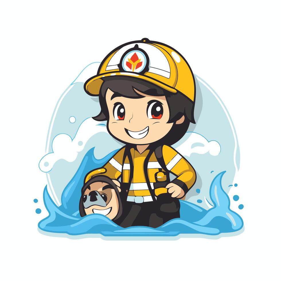 Cute cartoon firefighter with dog in the water element illustration vector