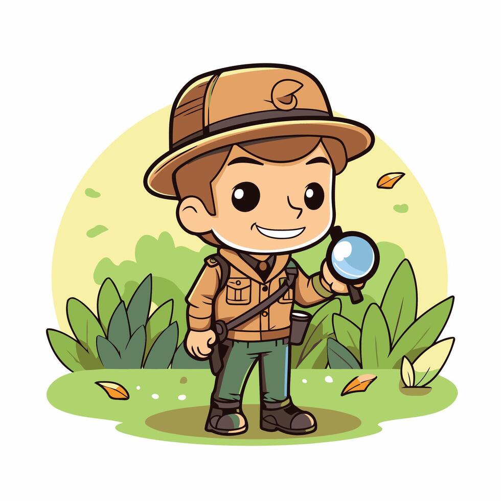 Boy scout with magnifying glass in the park element illustration vector