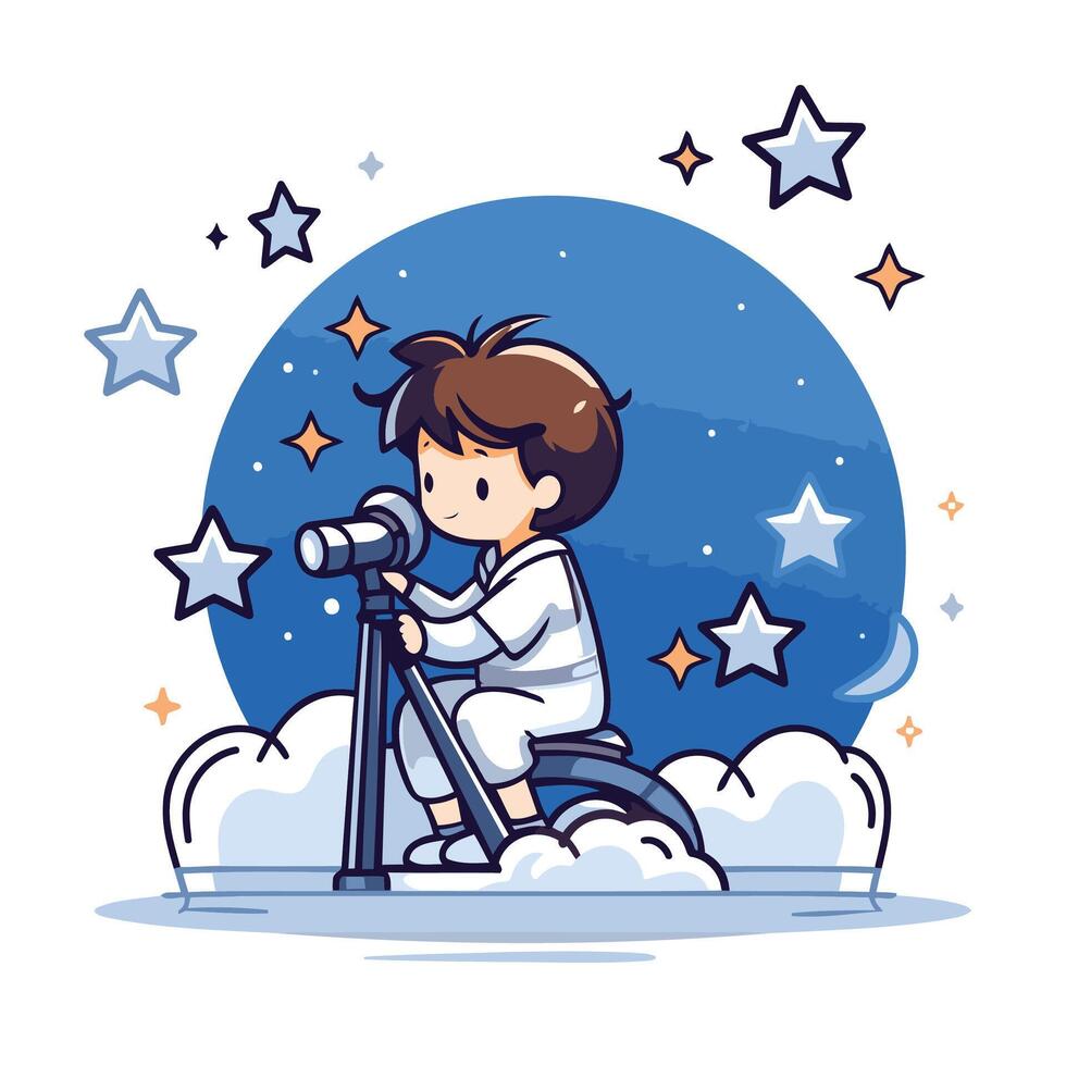 Cute little girl using a telescope element illustration in cartoon style vector