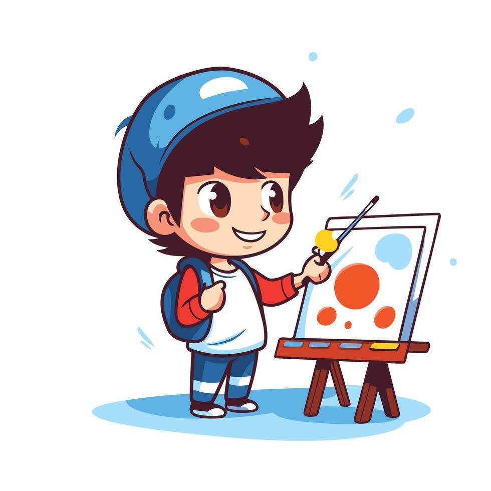 Cute little schoolboy painting on easel element illustration vector