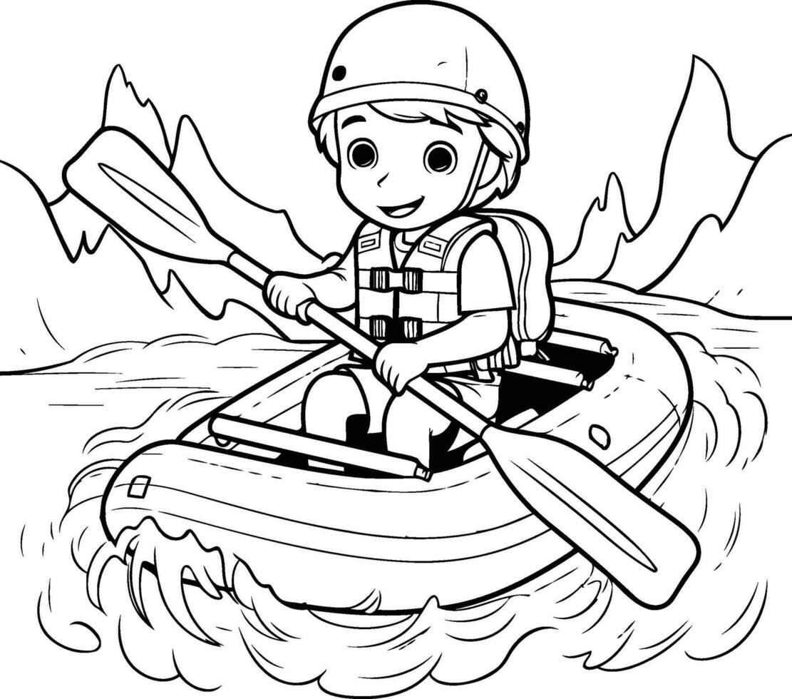 Black and White Cartoon Illustration of Kid Rafting on Canoe or Kayak with Safety Helmet for Coloring Book vector