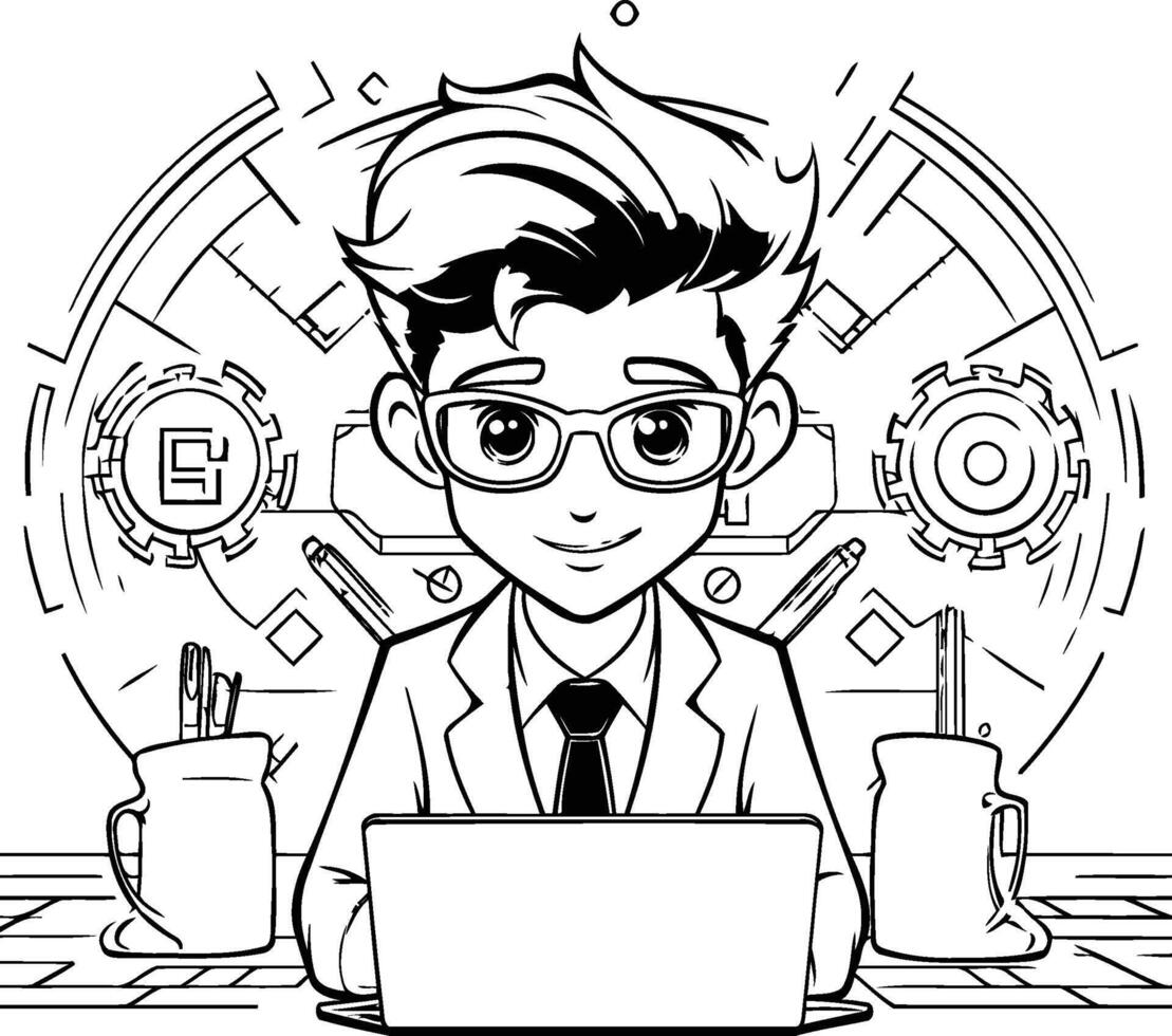 Businessman working on laptop element illustration in black and white vector