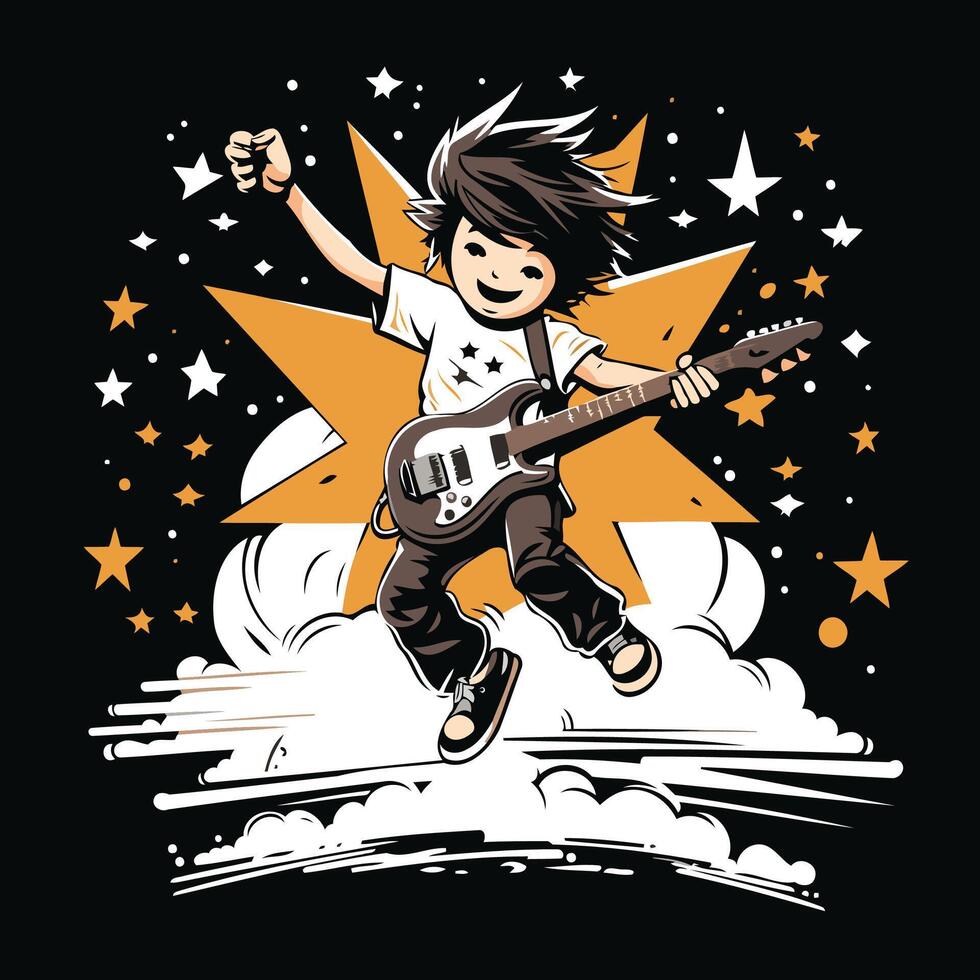 Boy playing the electric guitar element illustration on a black background vector
