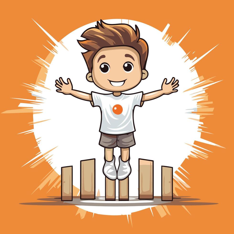 Cartoon boy jumping over the bar graph illustration on orange background vector