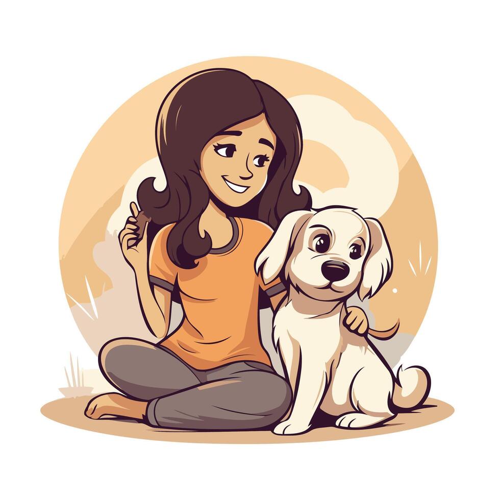Beautiful young woman sitting with her dog cartoon element illustration vector