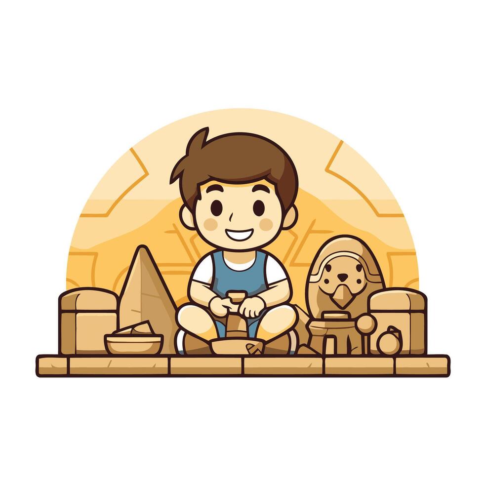 Cute cartoon boy sitting in the sand with egyptian pyramids vector
