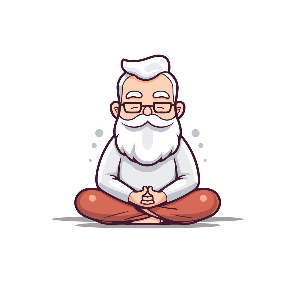 element illustration of cartoon old man meditating in lotus position vector