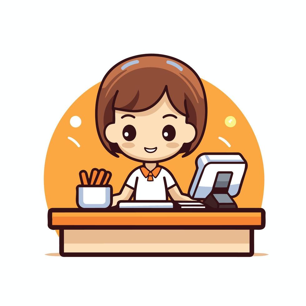 Cute boy working on computer at desk Flat style illustration vector