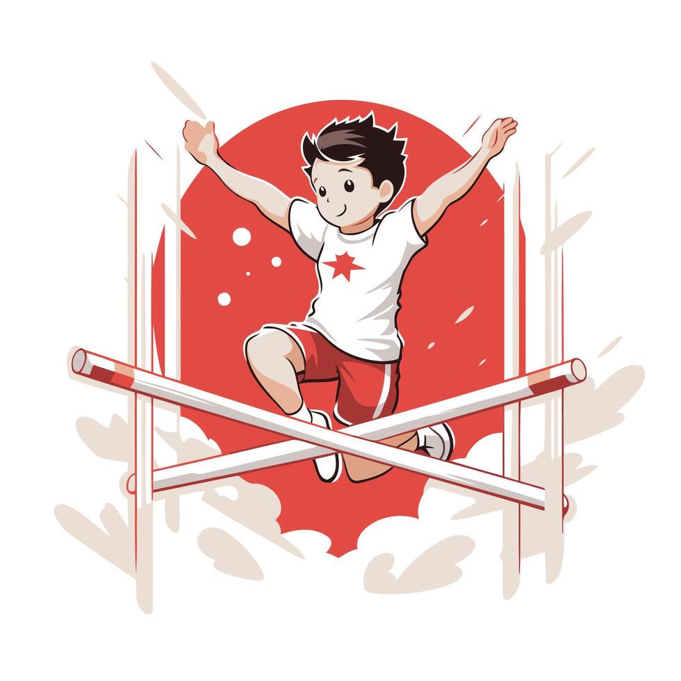 Athletic boy jumping over a hurdle illustration vector