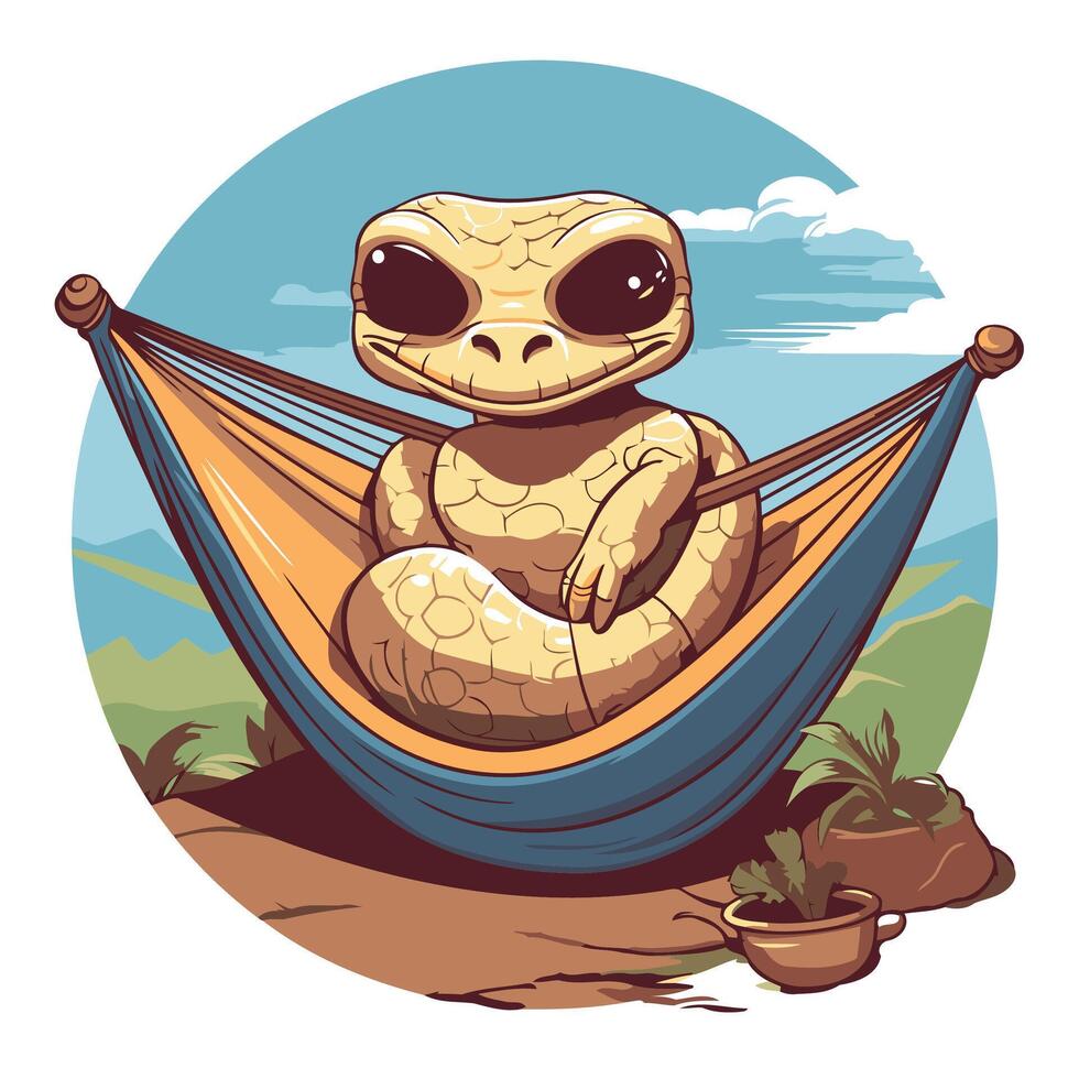 Cute snake in a hammock illustration in cartoon style vector