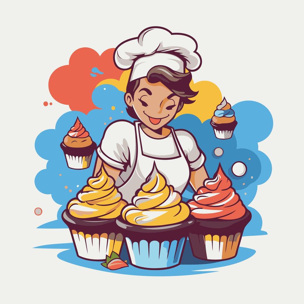 Illustration of a cartoon chef with cupcakes illustration vector