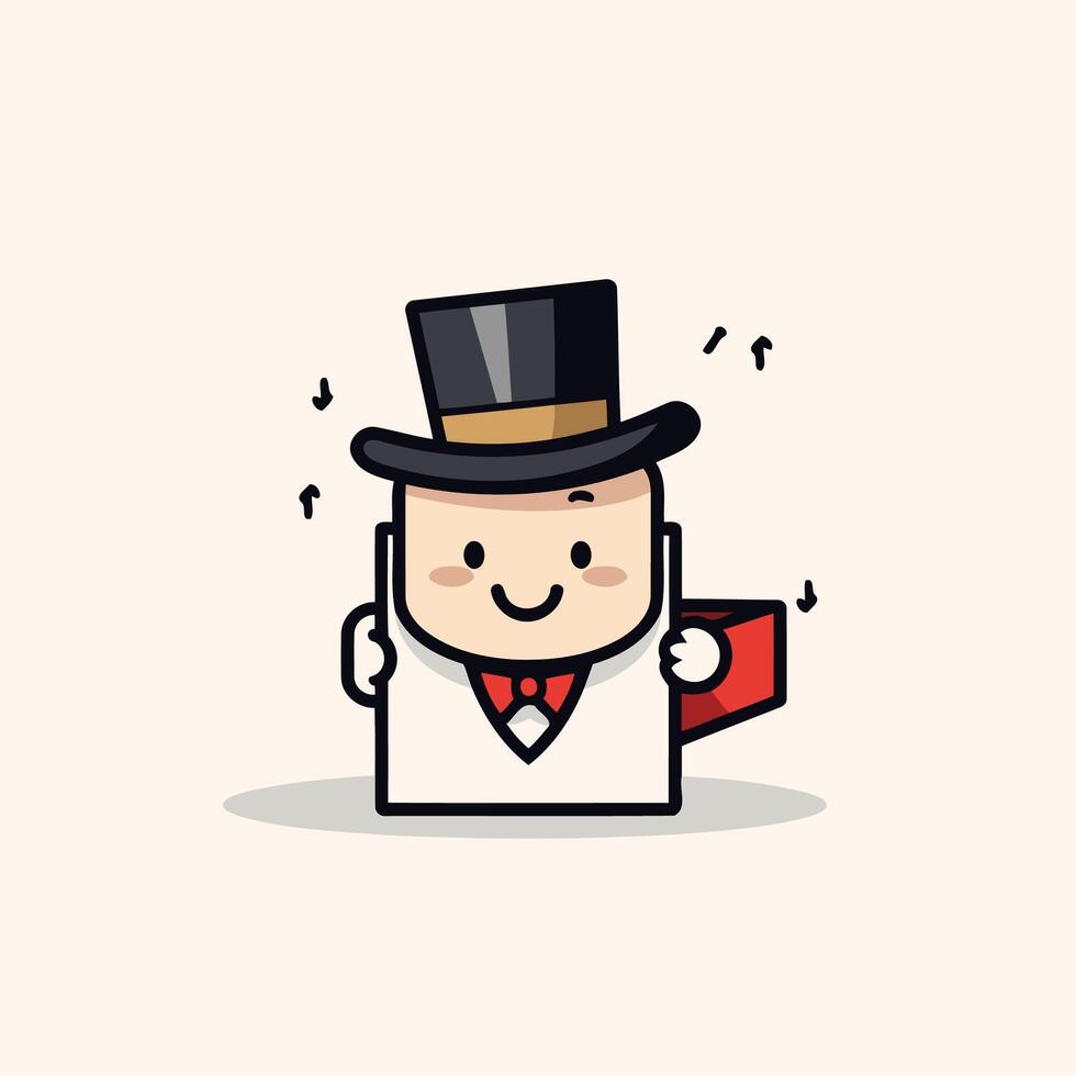 Cute gentleman cartoon character with hat and book illustration vector