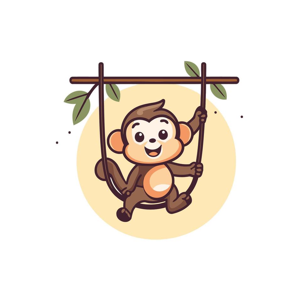 Cute monkey swinging on a swing illustration in cartoon style vector