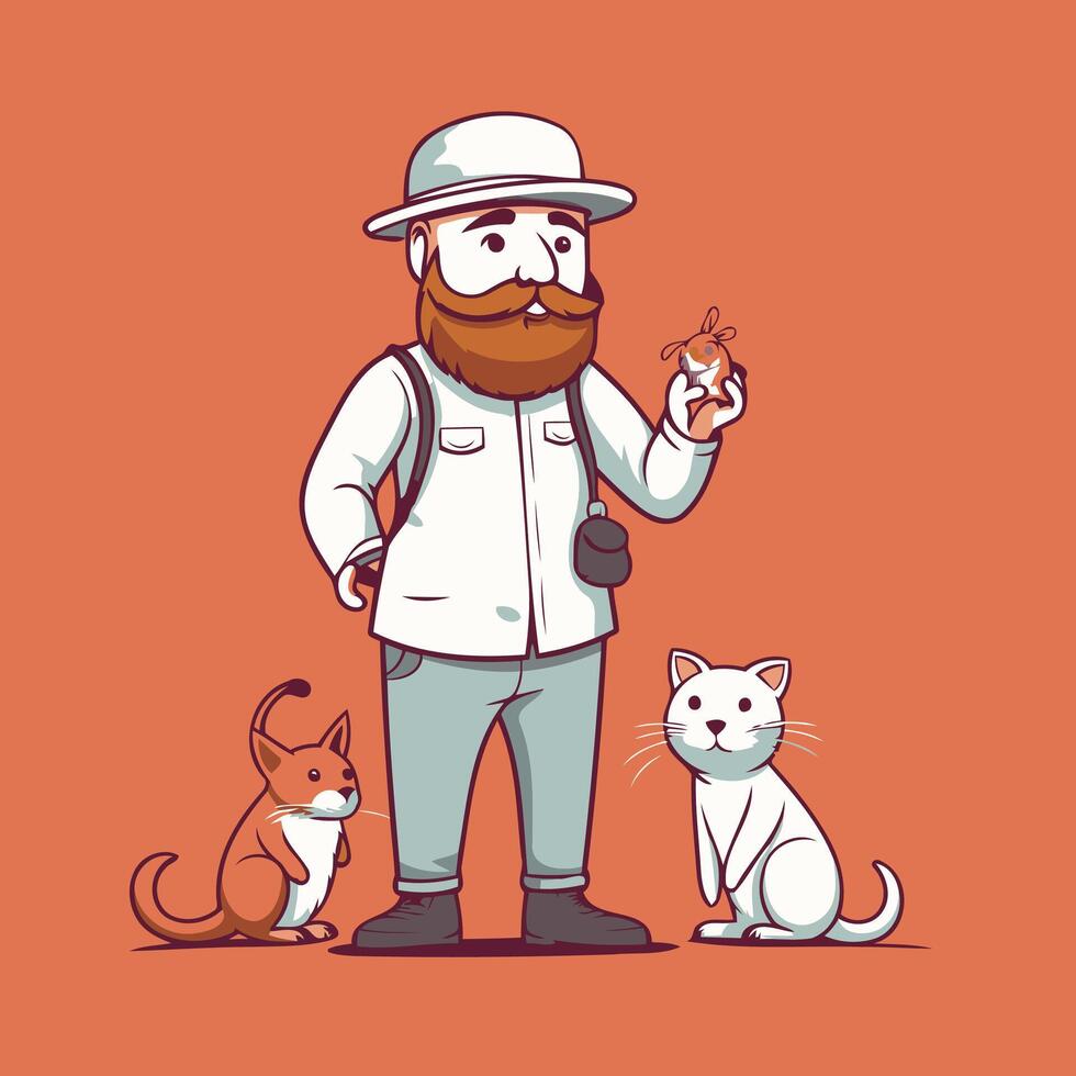 Man with a beard and mustache in a hat holds a cat illustration vector