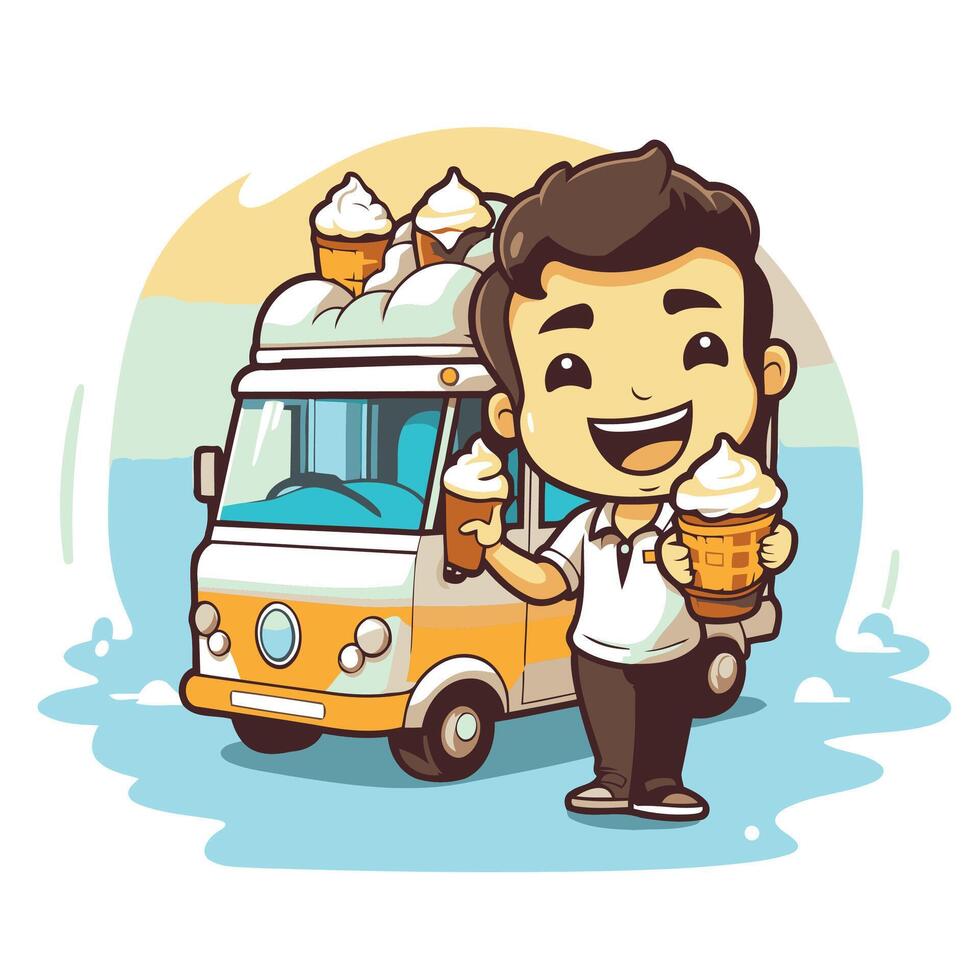 Man with ice cream truck and ice cream cone illustration vector