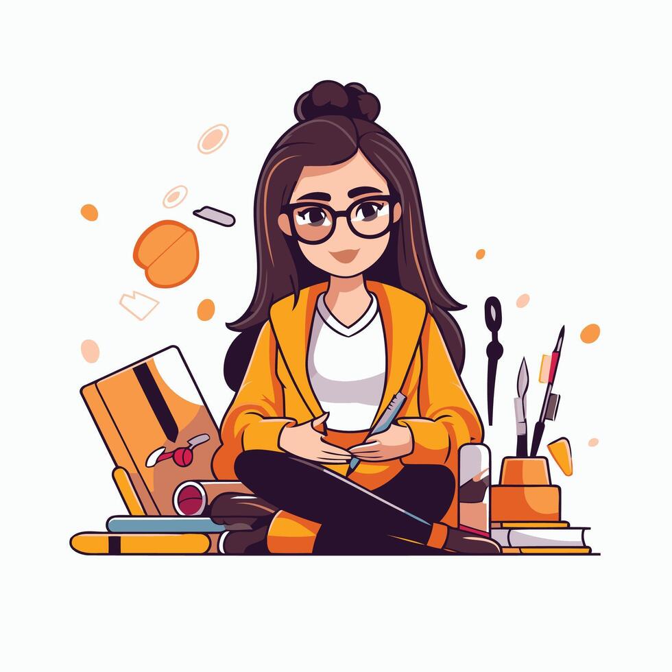 element illustration of young woman sitting on the floor and drawing with pencils vector