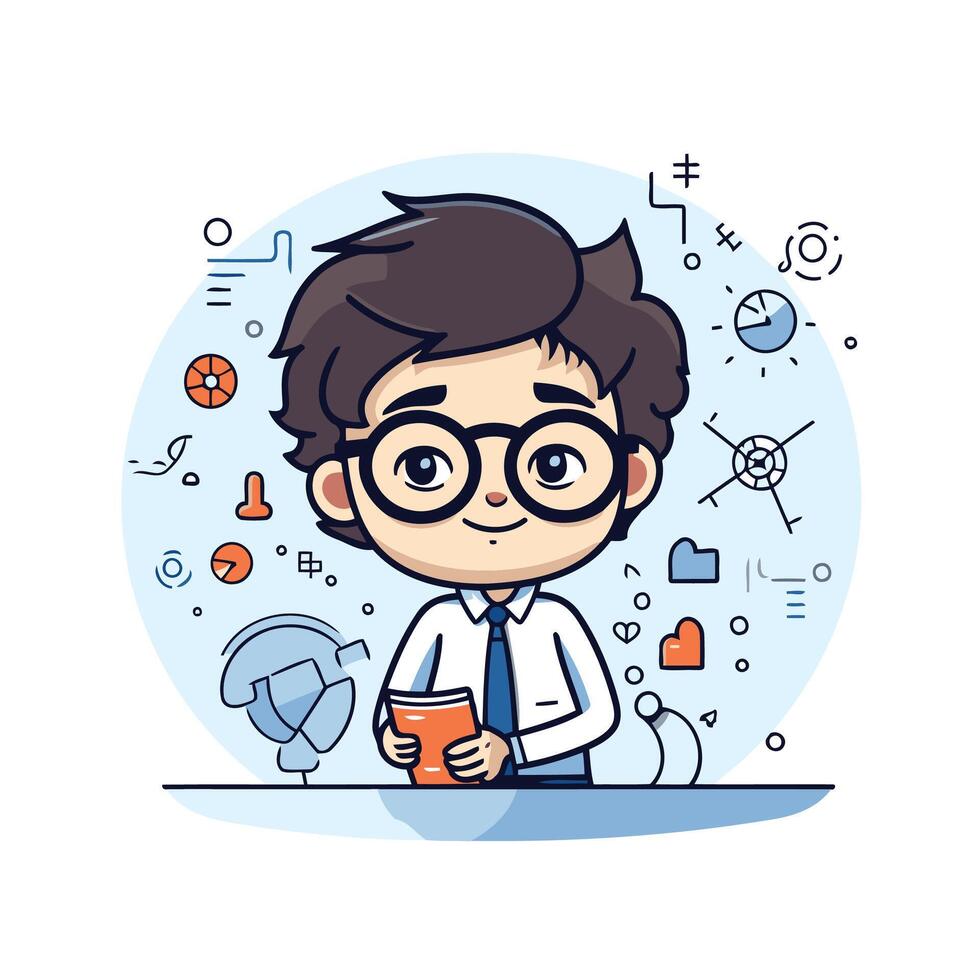 Cute schoolboy with glasses and a cup of coffee illustration vector