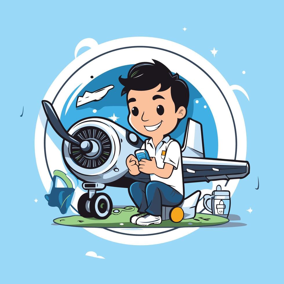 Aviation boy with airplane illustration in cartoon style on blue background vector