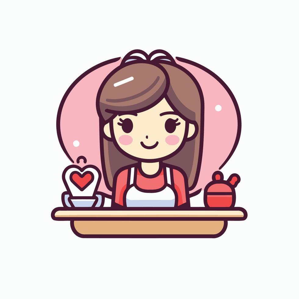 Cute little girl serving tea illustration in cartoon style vector