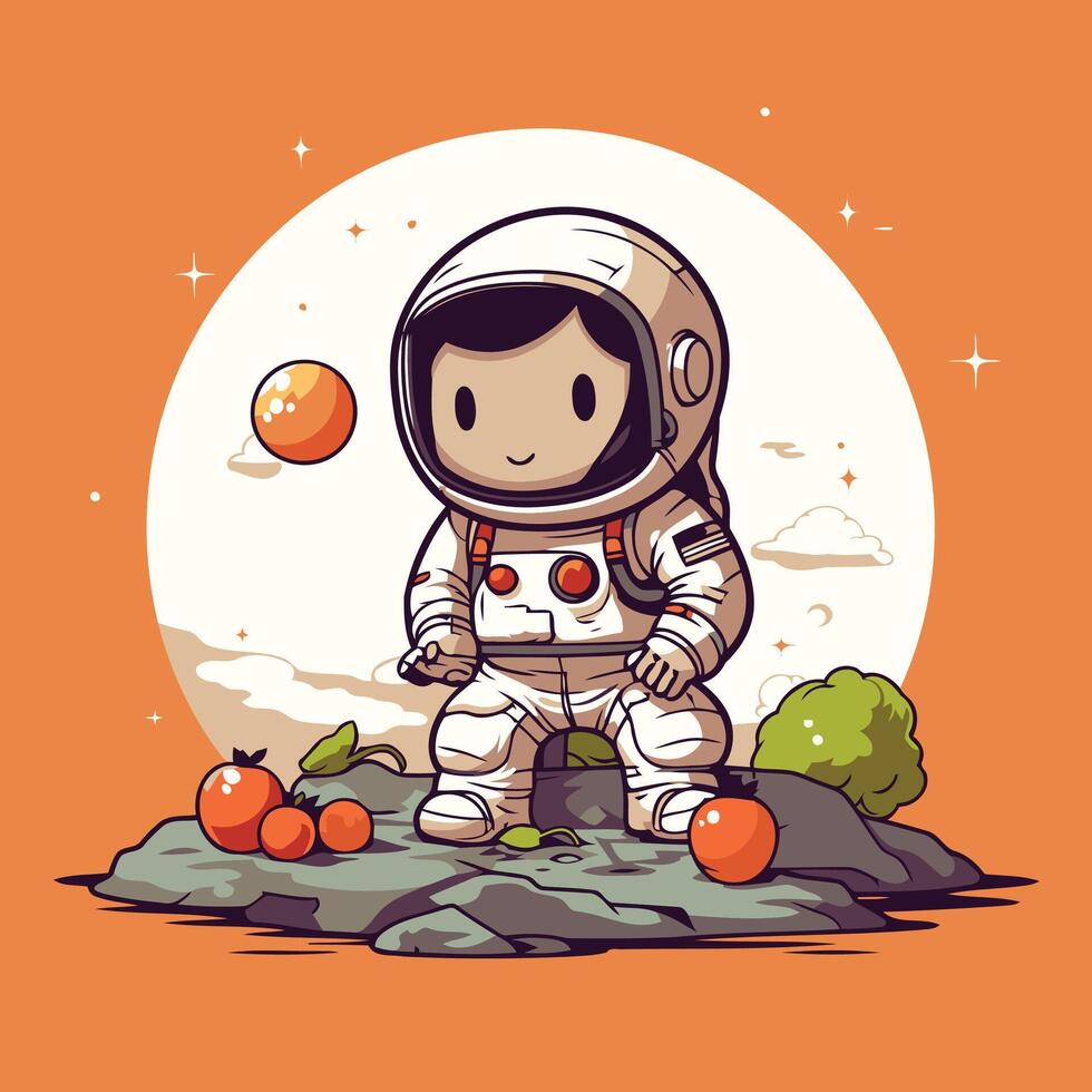 Astronaut kid in outer space Cute cartoon illustration vector