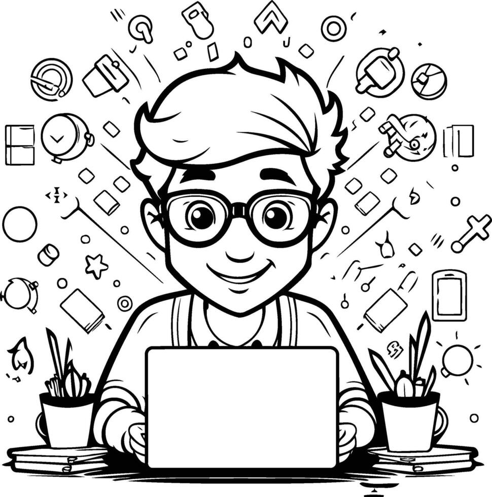 Black and White Cartoon Illustration of Teenage Boy with Laptop vector
