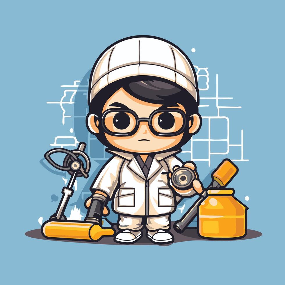 Cute cartoon boy in lab uniform with tools illustration vector