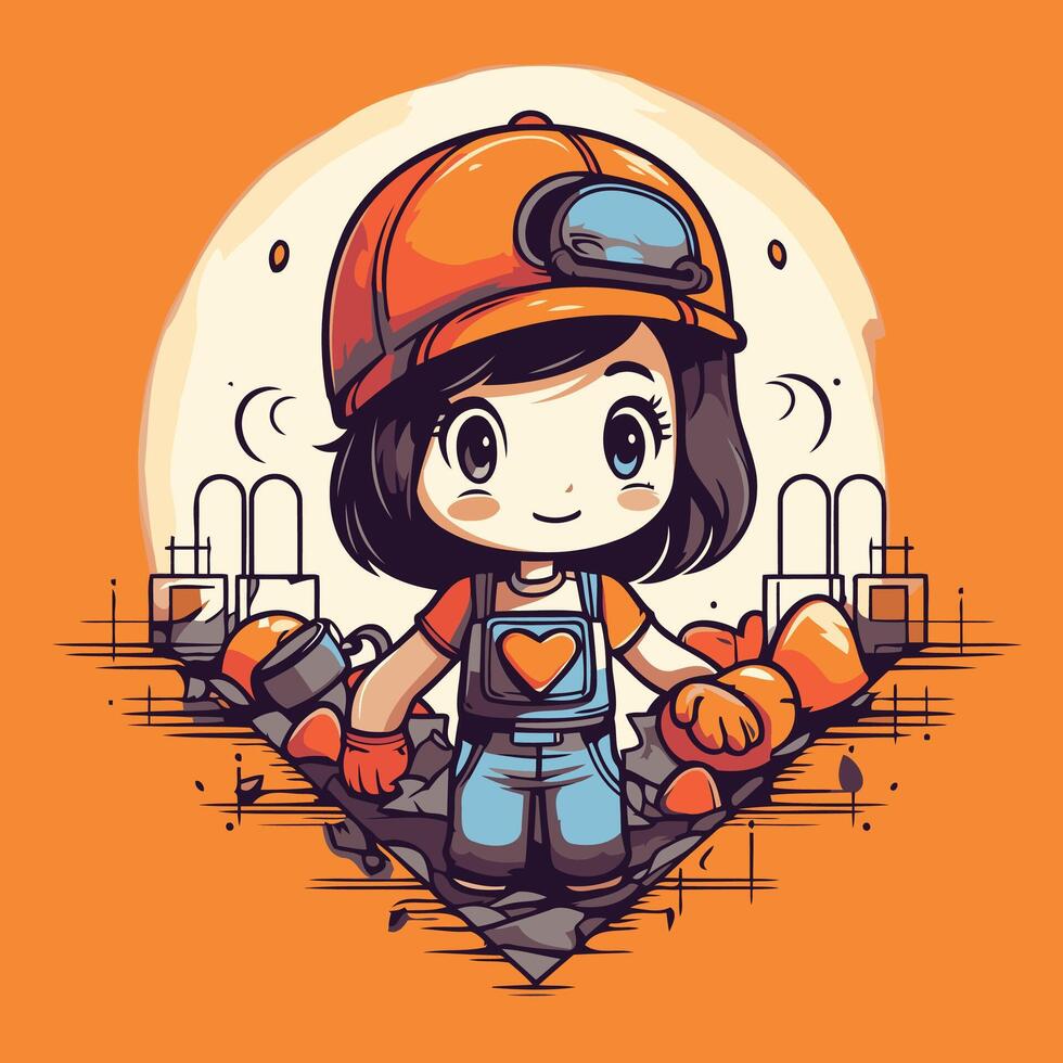Cute little girl in a construction helmet and overalls illustration vector