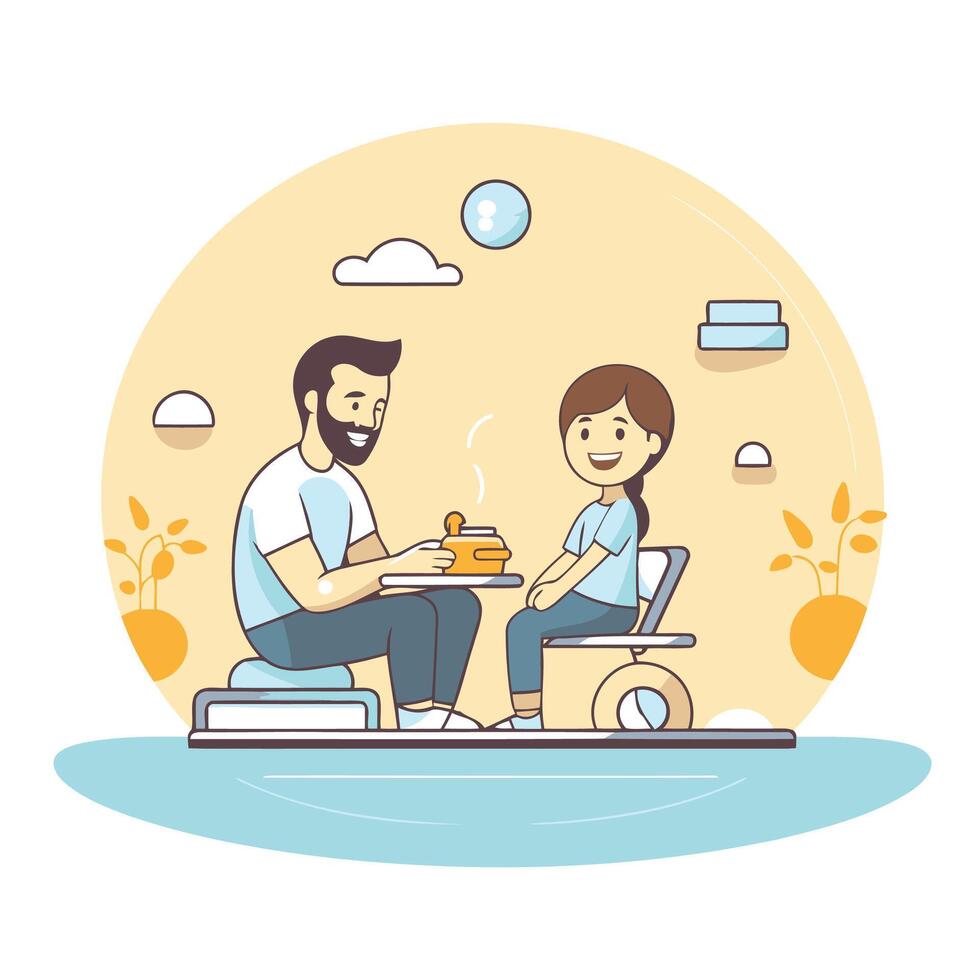 Man and woman sitting on the floor and drinking tea illustration vector