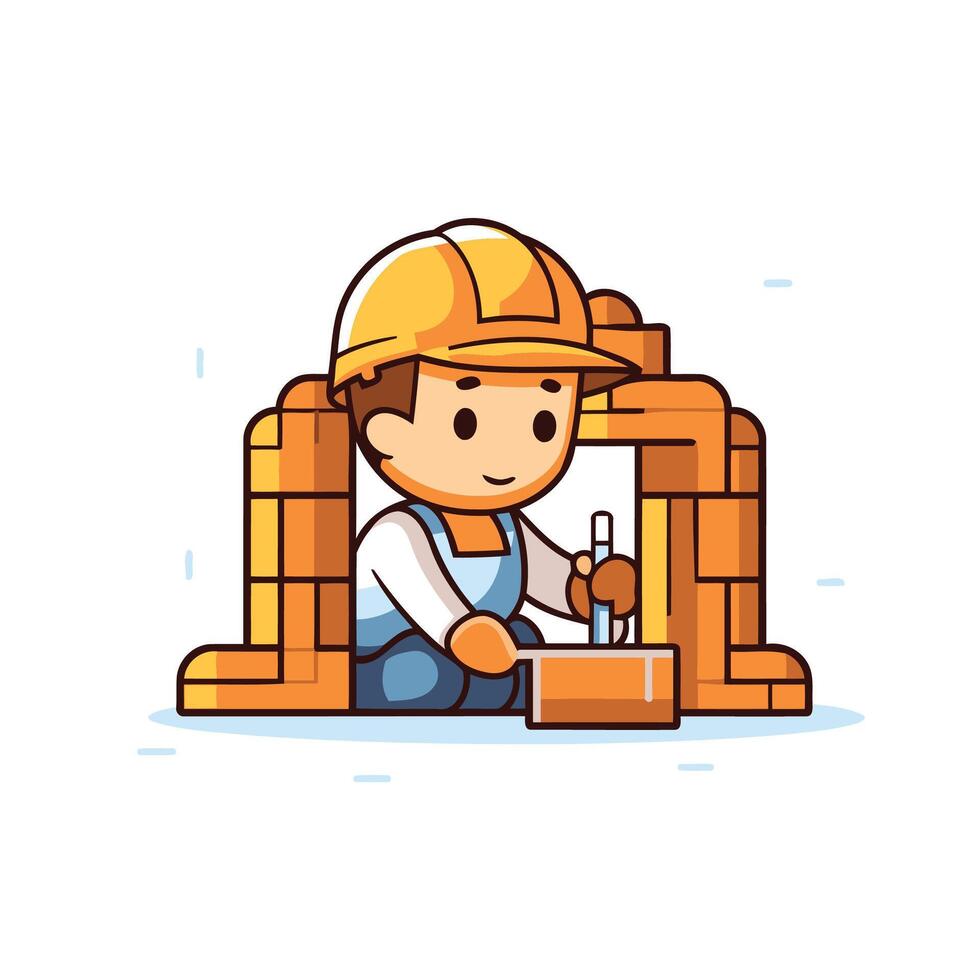 Cute little boy in construction helmet sitting in brick fireplace illustration vector