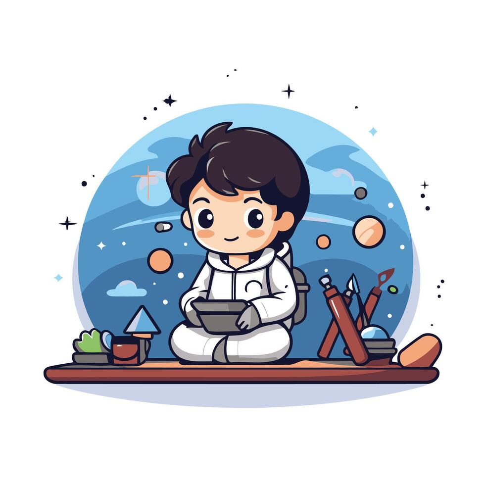 Cute little boy sitting at table and using tablet illustration vector