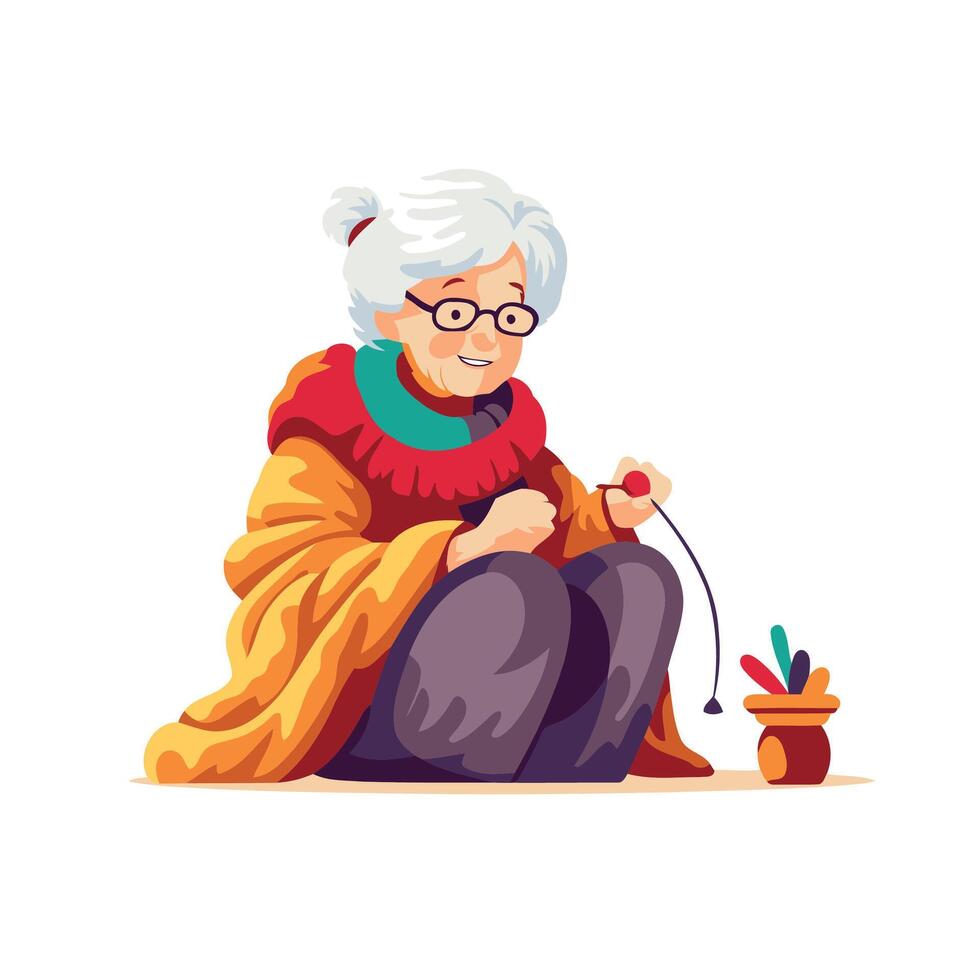 Elderly woman sitting on the ground and knitting illustration vector