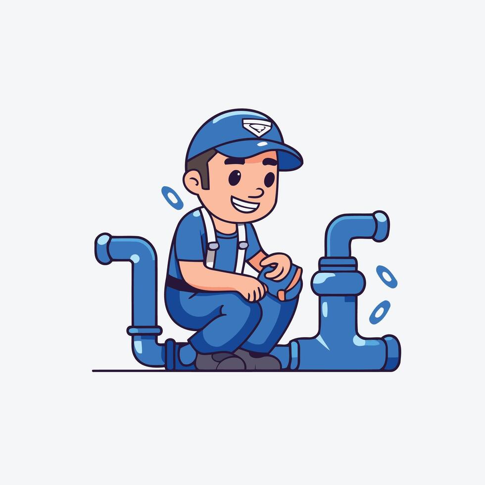 Plumber in uniform and cap repairs water pipe illustration vector
