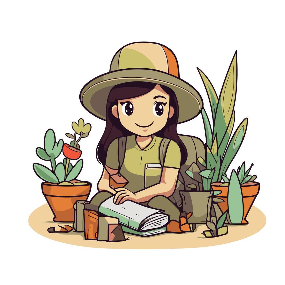 Girl gardener in a hat with a book in her hands vector