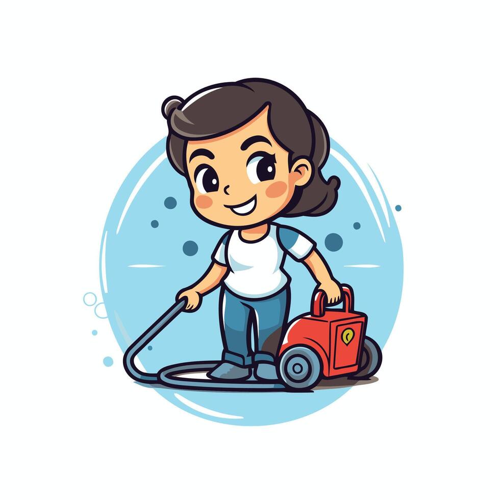 Cute little girl with vacuum cleaner illustration in cartoon style vector
