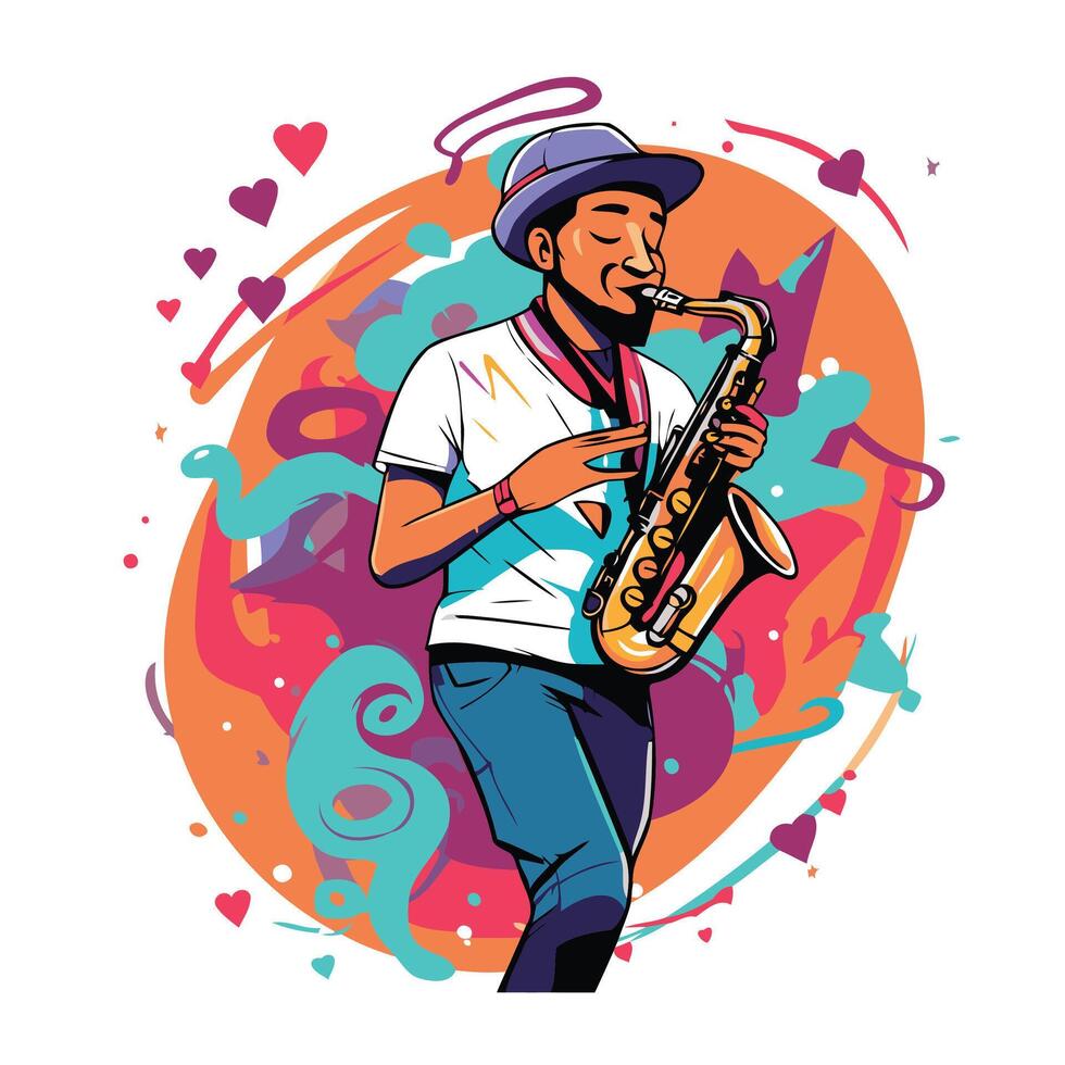 illustration of a jazz musician playing saxophone on colorful background vector