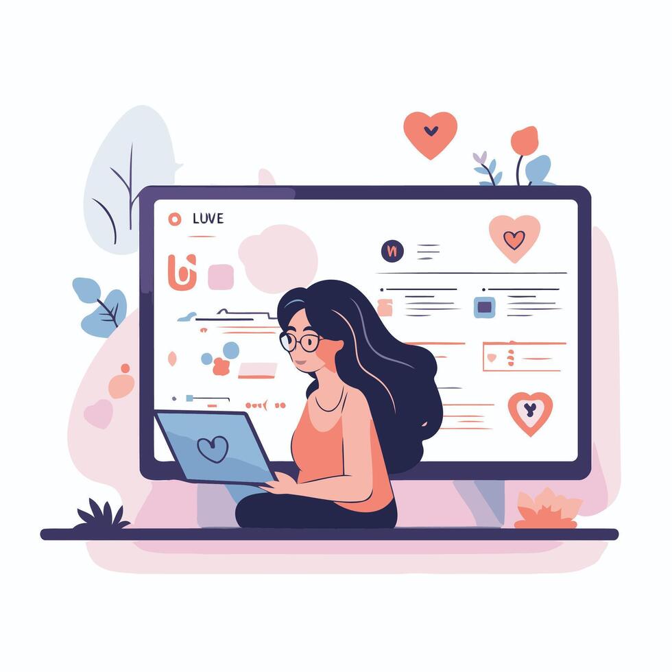 Online dating app concept Young woman on laptop screen illustration in flat style vector