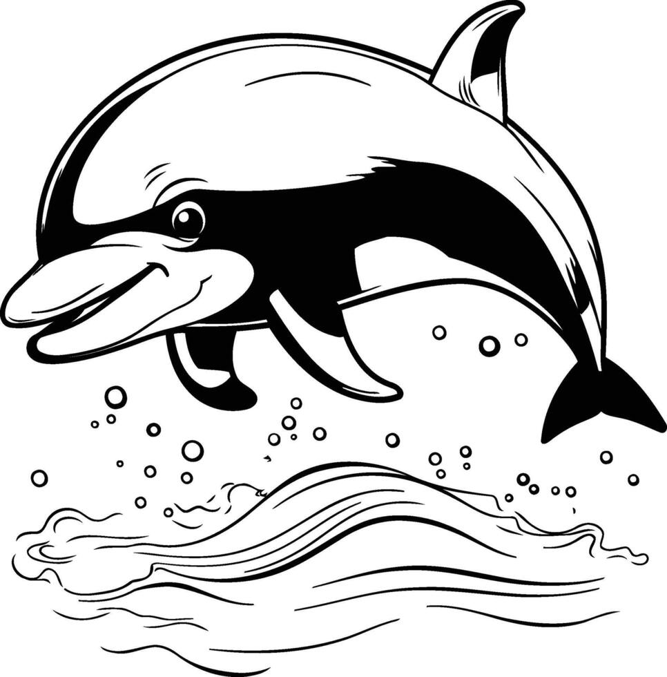 Dolphin jumping out of water black and white illustration vector