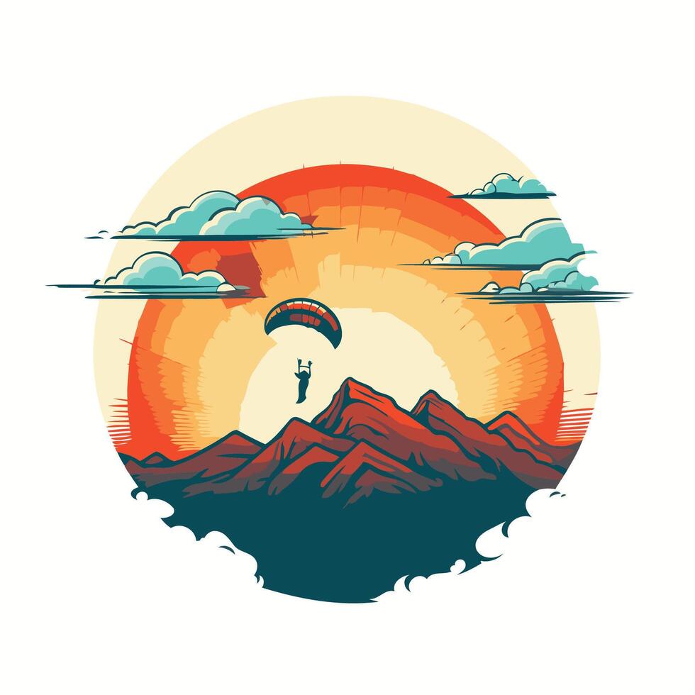 Mountains and paraglider illustration in retro style vector