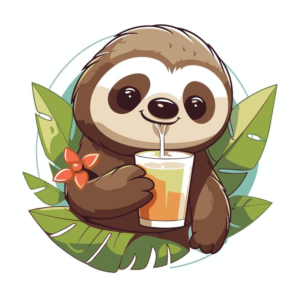 Cute cartoon sloth with a glass of juice illustration vector