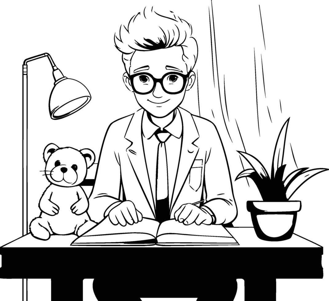 Teacher with bear and book at desk cartoon element illustration graphic design vector