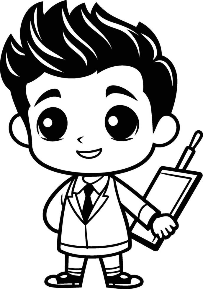 Cute School Boy Black and White Cartoon Illustration vector