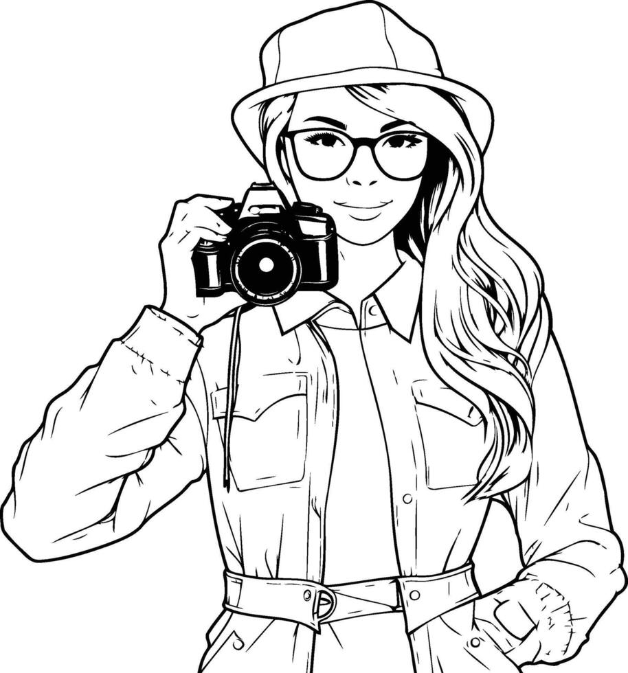 Beautiful girl with camera illustration in a sketch style vector