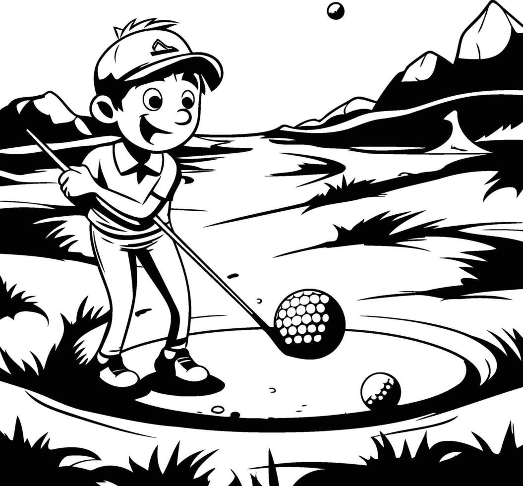 Boy playing golf Black and white illustration for coloring book vector