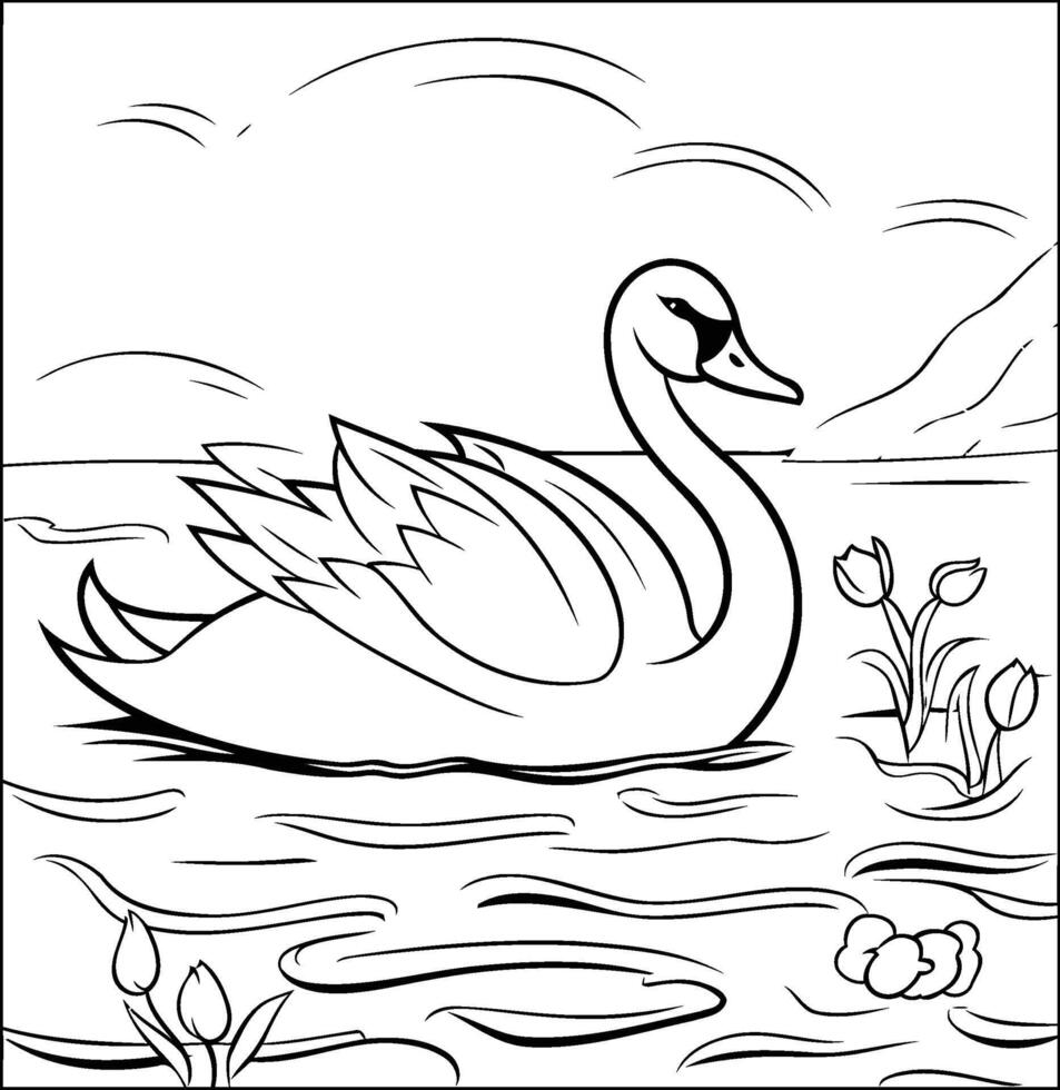 Swan swimming on the lake black and white illustration vector