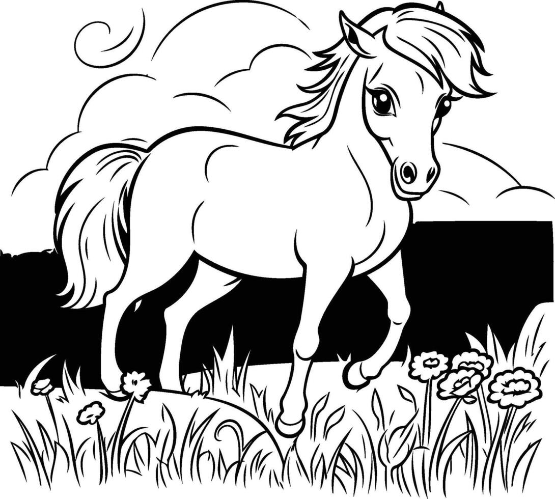 Horse in the meadow Black and white illustration vector