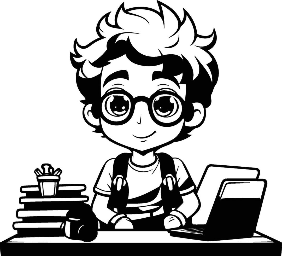 Boy Student with Laptop and Books Black and White Cartoon Illustration vector